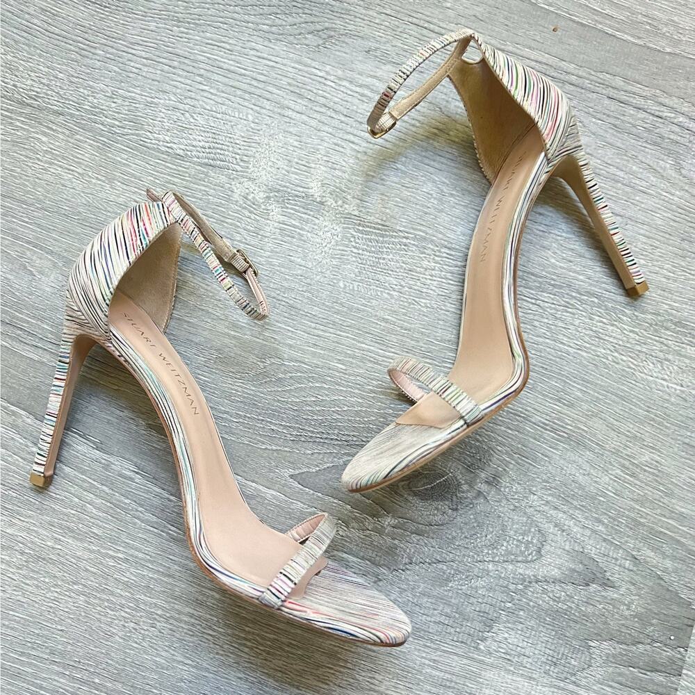 Stuart Weitzman Nudistsong Ankle Strap Striped Leather Heels Sandals Sz 10.5 - Picture 4 of 9